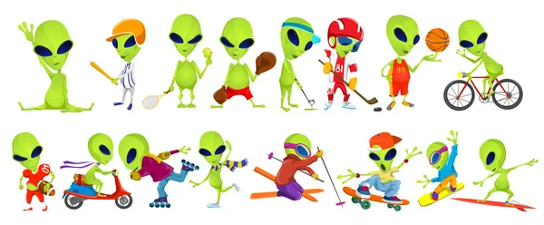 Vector set of green aliens sport illustrations. — Stock Vector