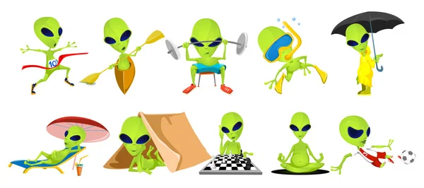 Conjunto vetorial de ilustrações esportivas de alienígenas verdes . — Vetor de Stock