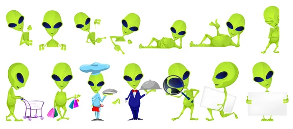 Vector set of funny green aliens illustrations. — Stock Vector