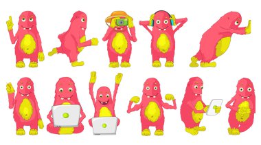 Sevimli pembe canavarlar illüstrasyonlar Vektör seti.