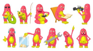 Büyük pembe canavarlar karikatür illüstrasyonlar Vektör seti.