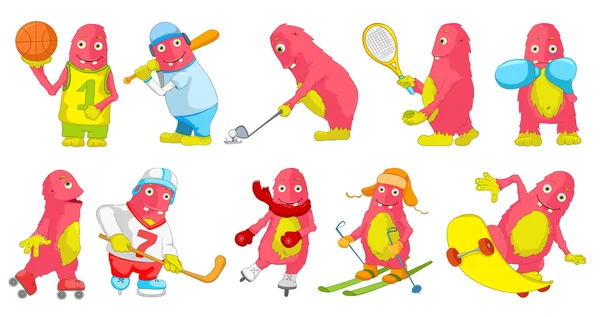 Vector set of pink monsters sport cartoon illustrations. — Stock Vector