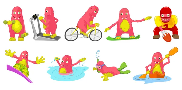 Serie vettoriale di illustrazioni di cartoni animati sportivi di mostri rosa . — Vettoriale Stock