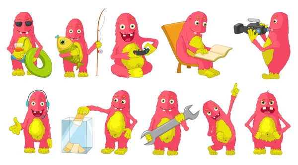 Set vector de monștri mari roz desene animate ilustrații . — Vector de stoc