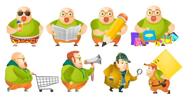 Vektor uppsättning av glada fett man illustrationer. — Stock vektor