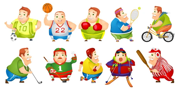 Vektor uppsättning av Funny fat man sport illustrationer. — Stock vektor