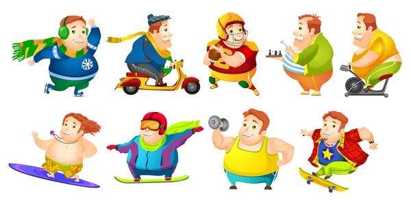 Vector set of funny fat man sport illustrations. — Stock Vector