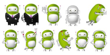 Vektör seti yeşil robotlar çizimler.