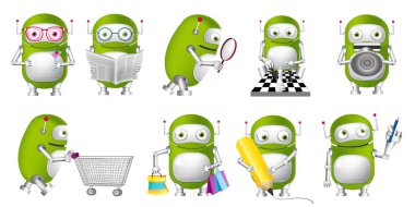 Vektör seti yeşil robotlar çizimler.