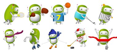 Vektör seti yeşil robotlar spor çizimler.