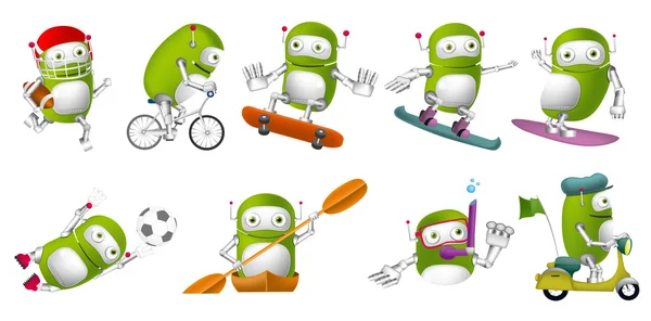 Conjunto vectorial de robots verdes ilustraciones deportivas . — Vector de stock