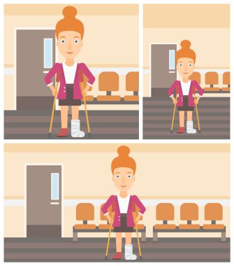 Kırık bacak ve koltuk değneği olan kadın.