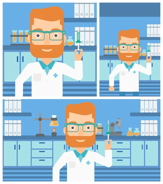 Laboratory assistant with syringe in lab. — Stock Vector