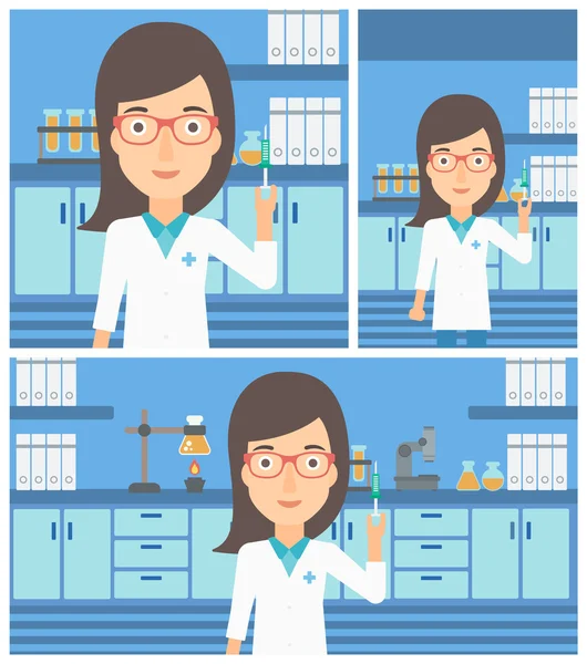 Asistente de laboratorio con jeringa en laboratorio . — Vector de stock