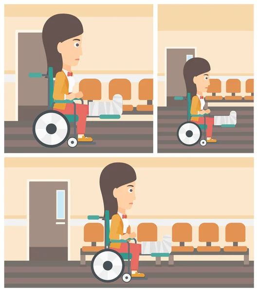 Kobieta ze złamaną nogą siedzi na wózku inwalidzkim. — Wektor stockowy