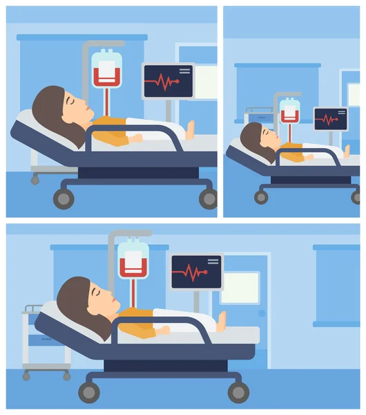 Mujer acostada en cama de hospital . — Vector de stock