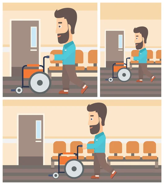 Mann schiebt Rollstuhl. — Stockvektor