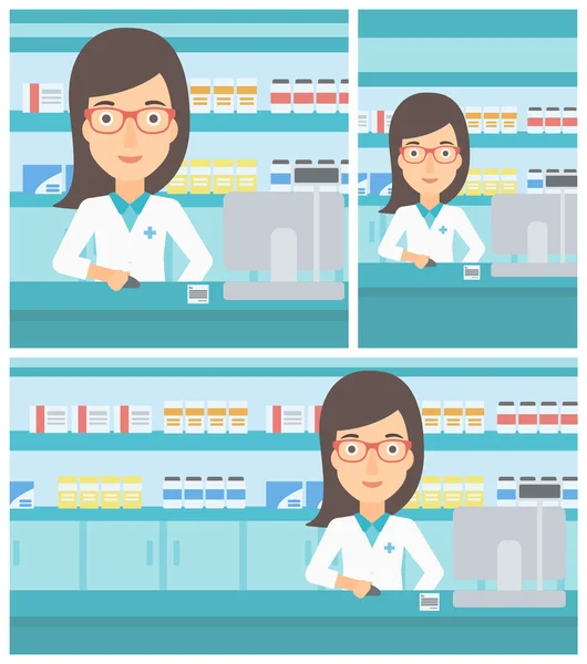 Pharmacist at counter with computer monitor. — Stock Vector