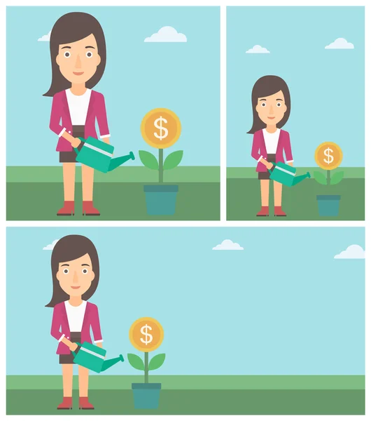 Mujer de negocios regando flor de dinero . — Archivo Imágenes Vectoriales