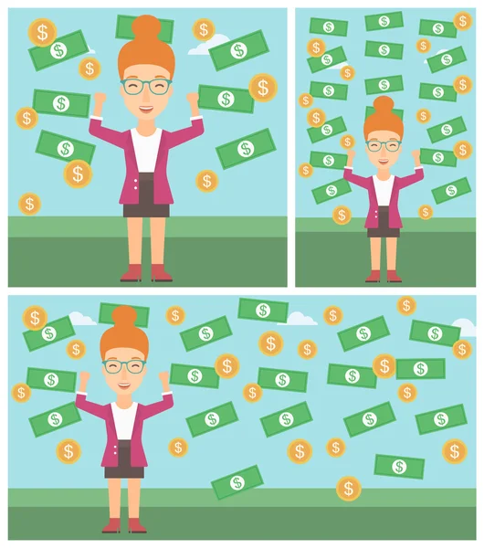快乐的商务女性在金钱雨下. — 图库矢量图片