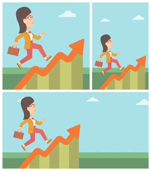 Mujer de negocios corriendo a lo largo del gráfico de crecimiento . — Vector de stock