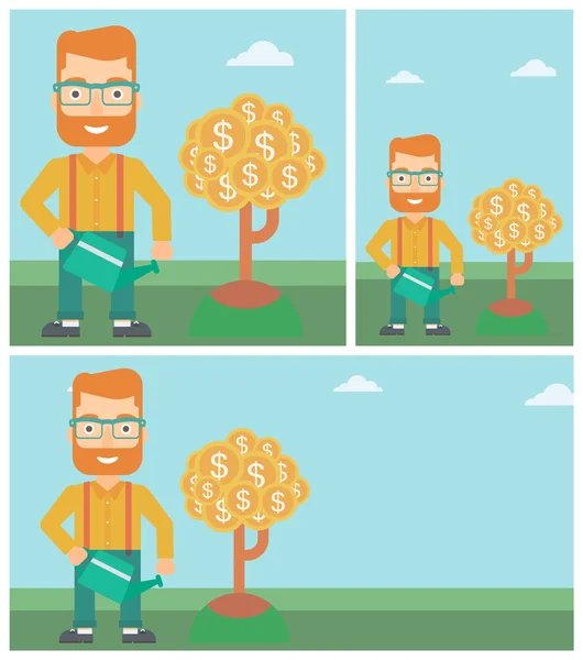Homem molhando dinheiro árvore vetor ilustração . — Vetor de Stock