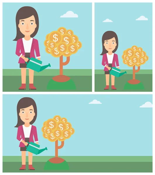 Frau gießt Geld Baum Vektor Illustration. — Stockvektor