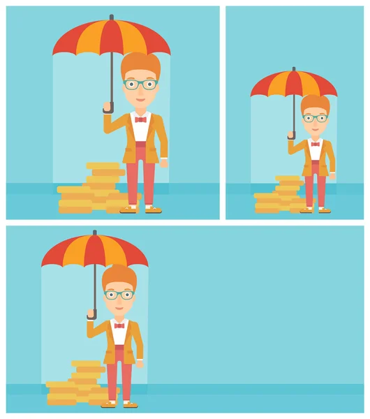 Geschäftsfrau mit Regenschirm schützt Geld. — Stockvektor