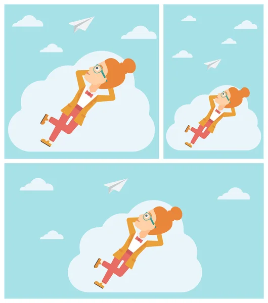 商业女人躺在云矢量图. — 图库矢量图片