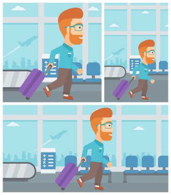 Havaalanında bavul ile yürüyen adam.