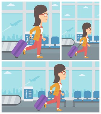 Havaalanında bavul ile yürüyen kadın.