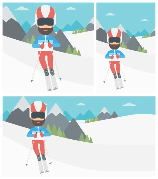 Junger Mann Skifahren Vektor Illustration. — Stockvektor