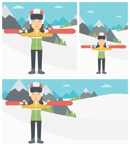 Mujer sosteniendo esquís vector ilustración . — Vector de stock