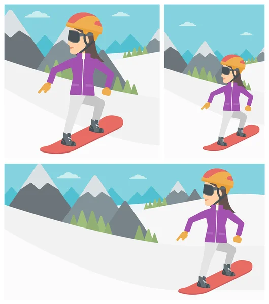 Young woman snowboarding vector illustration.