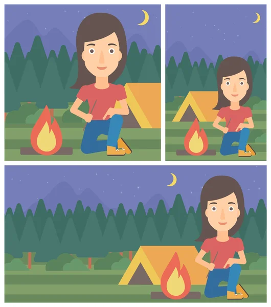 Woman kindling campfire vector illustration. — Stock Vector