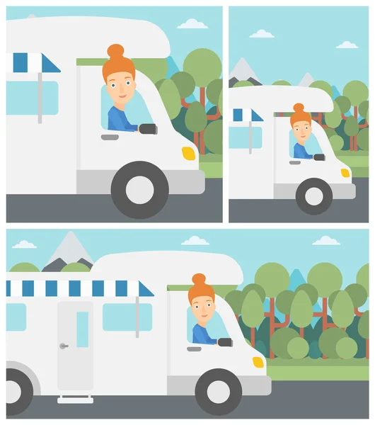 Woman driving motor home vector illustration. — 图库矢量图片