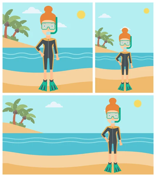 Sportovní potápěč na plážovém vektorovém obrázku. — Stockový vektor