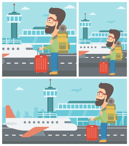 Bărbat la aeroport cu valiză . — Vector de stoc