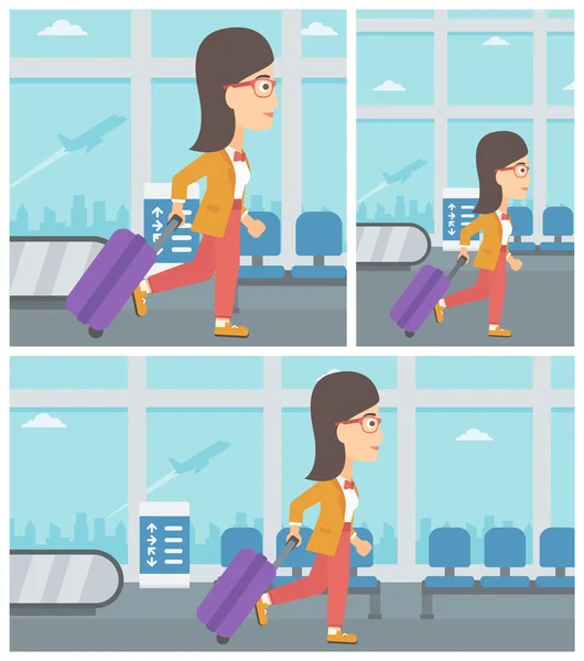 Nő séta a bőröndöt, a repülőtéren. — Stock Vector