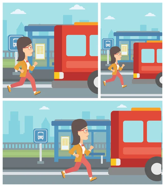 Latecomer woman running for the bus. — Stock Vector