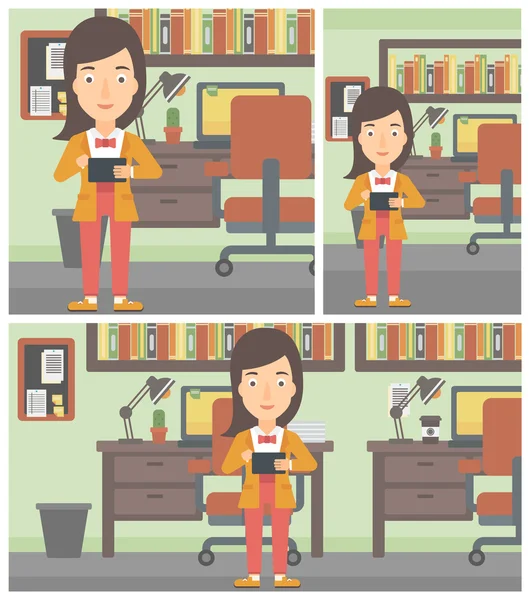 Woman using tablet computer vector illustration. — Stock vektor