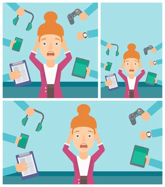 Mujer joven rodeada de sus gadgets . — Vector de stock