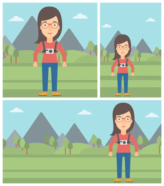 Woman with camera on chest vector illustration. — ストックベクタ