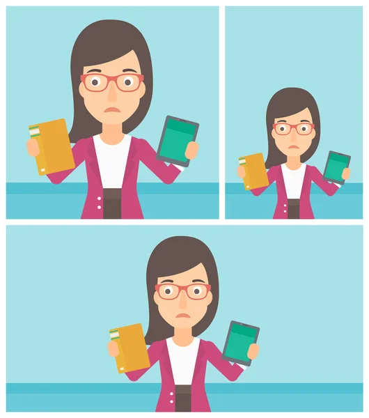 Woman choosing between book and tablet computer. — 스톡 벡터