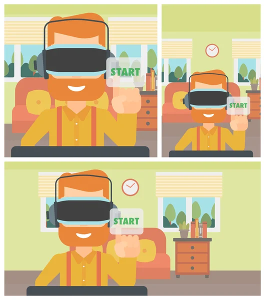 Homem vestindo fone de ouvido realidade virtual. —  Vetores de Stock
