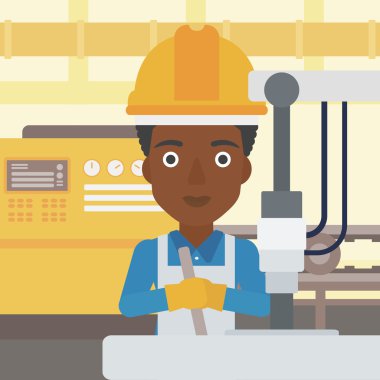 Sondaj makinesi endüstriyel üzerinde çalışan kadın.