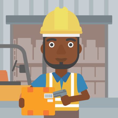 İşçi tarama barkod kutusu üzerinde ambar.