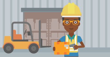 İşçi tarama barkod kutusu üzerinde ambar.