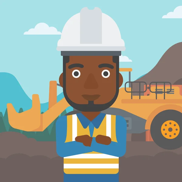 Mijnwerker met mijnbouw apparatuur op achtergrond. — Stockvector