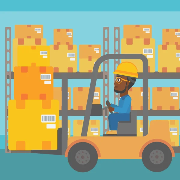 Warehouse worker moving load by forklift truck. — Stock Vector